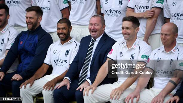 Jim Troughton, Jeetan Patel, Paul Farbrace, Chris Woakes and Tim Ambrose of Warwickshire poses with teammates for a team picture during the annual...