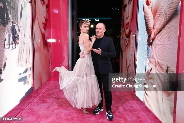 Cara Delevingne and Peter Phillips attend Dior Addict Stellar Shine launch at Layers 57 on April 04, 2019 in Seoul, South Korea.