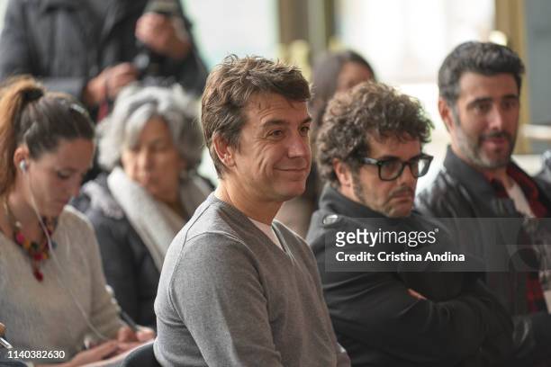Javier Veiga, David Perdonmo and David Amor attend EMHU press conference at Colon Theatre on April 4, 2019 in A Coruna, Spain.