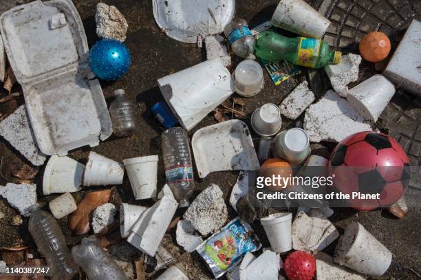 Large amounts of trash and plastic refuse collect in Ballona Creek after first major rain storm, Culver City, California, USA.