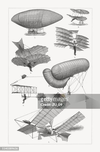 historische flugmaschinen, holzgravuren, erschienen 1898 - erfindung stock-grafiken, -clipart, -cartoons und -symbole