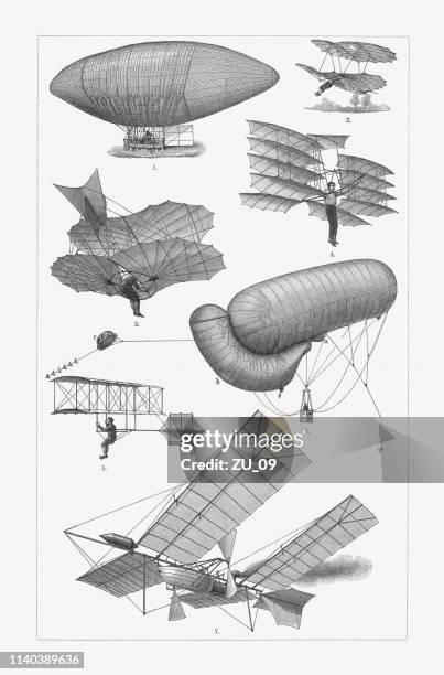 historic flying machines, wood engravings, published in 1898 - evolution vintage stock illustrations