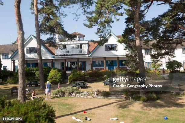 Buildings and garden of Knoll House Hotel, Studland, Swanage, Dorset, England, UK 1930s architecture.