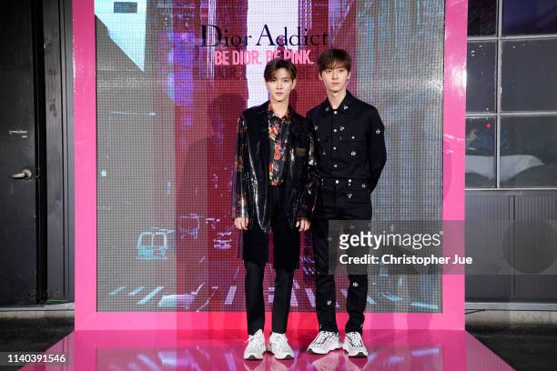 Ren and Minhyun of boyband group NU'EST attend Dior Addict Stellar Shine launch at Layers 57 on April 04, 2019 in Seoul, South Korea.