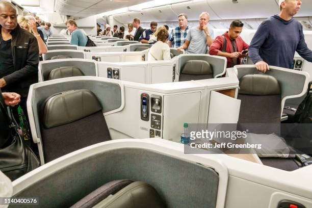 London Heathrow Airport, American Airlines business class seating, deplaning.