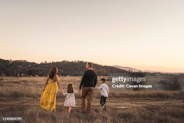 young family holding hands while walking away in california field - elegance family stock pictures, royalty-free photos & images