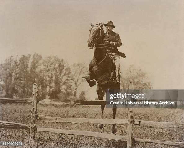 U.S. President Theodore Roosevelt Horseback Riding Jumping over Split Rail Fence Washington DC USA May 8 1902