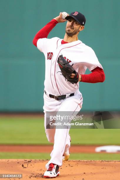 Rick Porcello of the Boston Red Sox pitches in the first inning against the Oakland Athletics at Fenway Park on April 30, 2019 in Boston,...