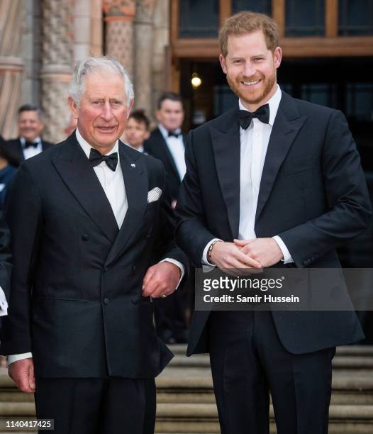 Prince Charles, Prince of Wales and Prince Harry, Duke of Sussex attend the "Our Planet" global premiere at Natural History Museum on April 04, 2019...