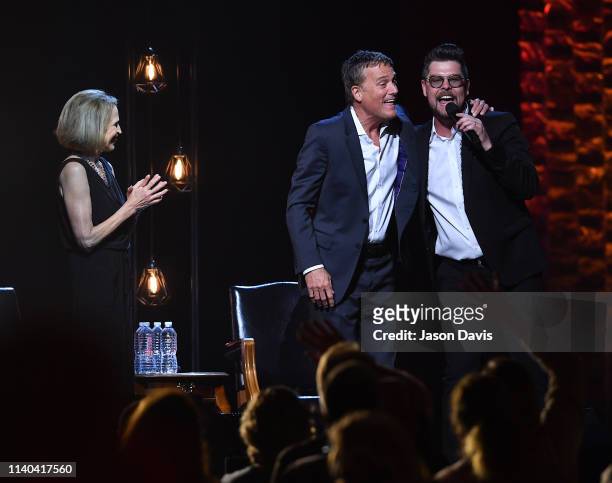 Deborah Kay Davis Smith and recording artists Michael W. Smith and Jason Crabb perform on stage during 35 Years of Friends: Celebrating The Music Of...
