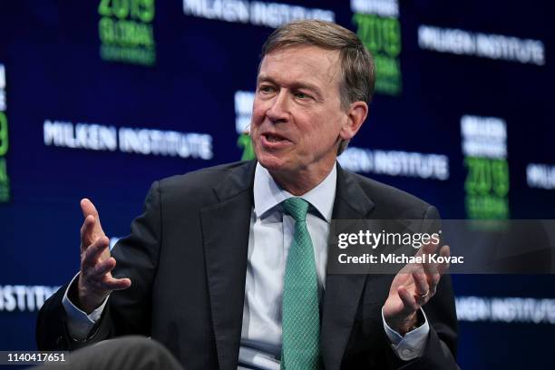 John Hickenlooper participates in a panel discussion during the annual Milken Institute Global Conference at The Beverly Hilton Hotel on April 30,...