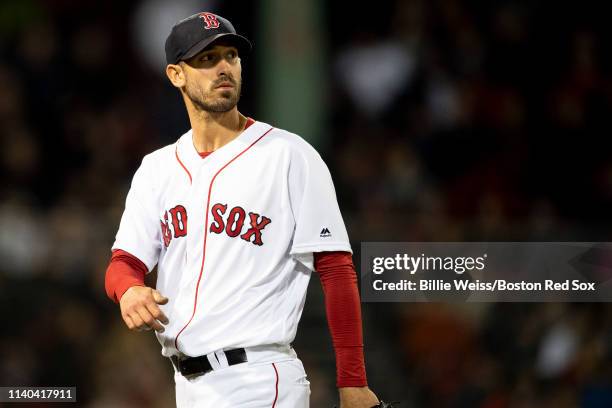 Rick Porcello of the Boston Red Sox reacts during the seventh inning of a game against the Oakland Athletics on April 30, 2019 at Fenway Park in...