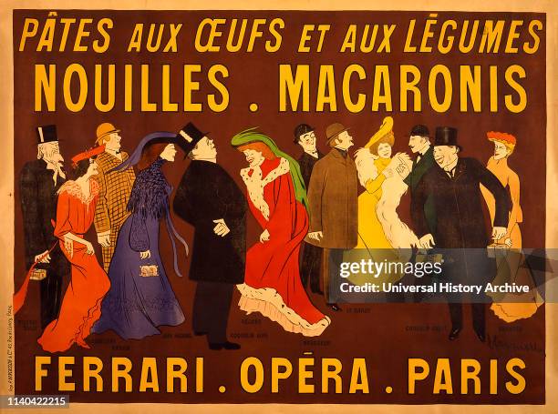 Product Poster, Noodles and Pasta, 'Pâtes aux œufs et aux legumes, Nouilles, Macaronis, Ferrari, Opera, Paris', Leonetto Cappiello, early 1900's.