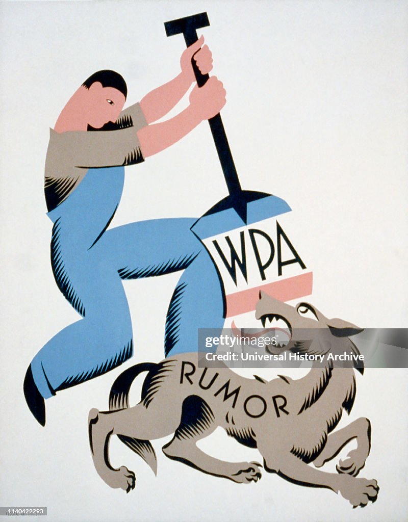 Work Projects Administration Poster, 'WPA Rumor', Man with WPA Shovel Attacking Wolf Labeled Rumor, Artist Vera Bock, 1939