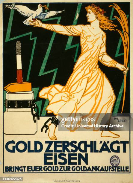 German World War I Poster, 'Gold Zerschlagt Eisen, Bringt Eurer Gold zur Goldankaufstelle', Artist Julius Diez, 1916.