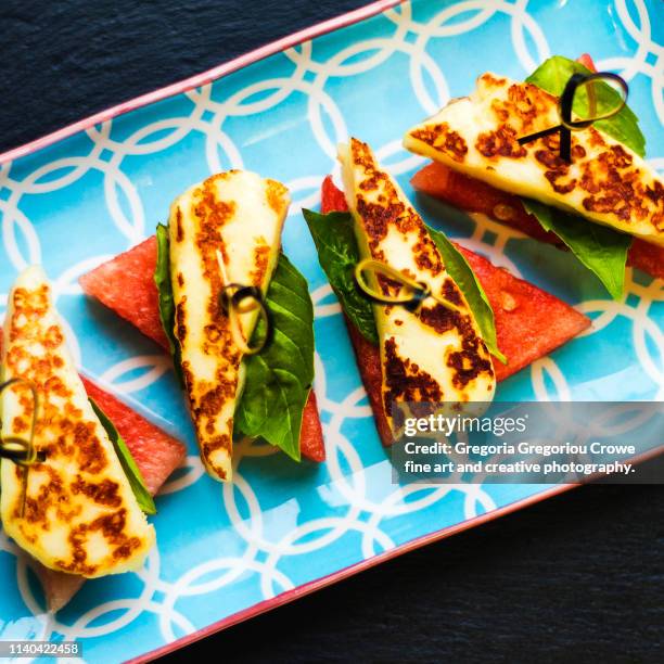 healthy eating - watermelon with halloumi cheese - grilled halloumi stock pictures, royalty-free photos & images