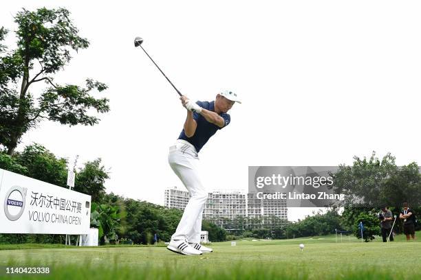 Li Haotong of China plays a shot during the pro-am prior to the start of the Volvo China Open at Genzon Golf Club on May 1, 2019 in Chengdu, China.