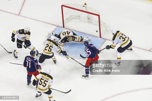 Matt Duchene of the Columbus Blue Jackets beats Tuukka Rask of the Boston Bruins for a goal in the second period of Game Three of the Eastern...