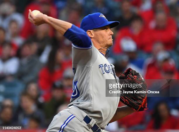 Clay Buchholz of the Toronto Blue Jays pitches in the first inning of the game Los Angeles Angels of Anaheim at Angel Stadium of Anaheim on April 30,...