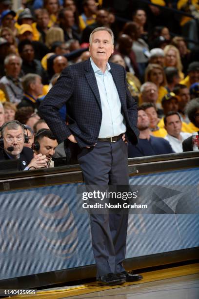 Head Coach Mike D'Antoni of the Houston Rockets looks on during Game Two of the Western Conference Semifinals of the 2019 NBA Playoffs against the...