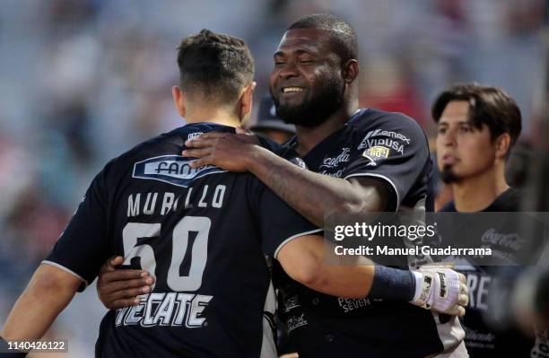 Agustin Murillo of Sultanes celebrates after scoring during the game between Sultanes de Monterrey and Algodoneros Union Laguna as part of the Liga...