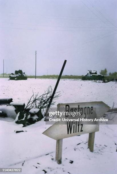 Knocked-Out U.S. Medium Tanks in Snowy Field, Ardennes-Alsace Campaign, Battle of the Bulge, Belgium, 1945.