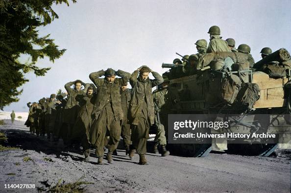 Prisoners Taken During Advance of Bastogne, Belgium, Being Evacuated, Ardennes-Alsace Campaign, Battle of the Bulge, December 1944 Prisoners Taken During Advance of Bastogne, Belgium, Being Evacuated, Ardennes-Alsace Campaign, Battle of the Bulge, December 1944
