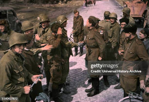 Officers and Enlisted Men Meet Russian Troops in Germany, Central Europe Campaign, Western Allied Invasion of Germany, 1945.