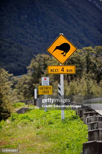 Kiwi caution sign on road to Arthurs Pass, Southern Alps, South Island, New Zealand.