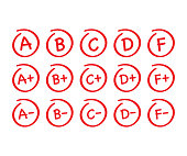 Grade results set. Hand drawn vector grade in red circle. Vector illustration.