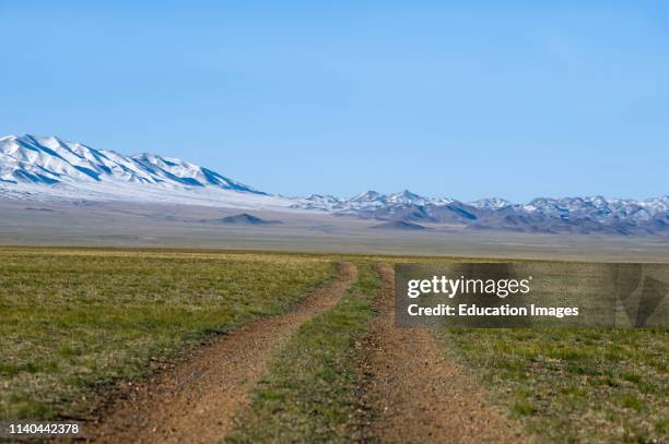 Road across the Gobi Desert below Altai Mountains, Gobi National Park, Mongolia.