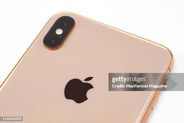 Detail of an Apple iPhone XS Max smartphone with a Gold finish, taken on October 2, 2018.