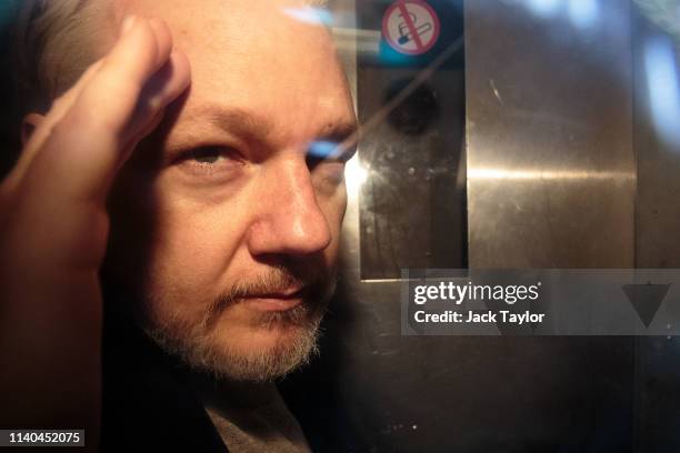 Wikileaks Founder Julian Assange leaves Southwark Crown Court in a security van after being sentenced on May 1, 2019 in London, England. Wikileaks...