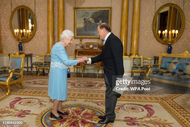 Queen Elizabeth II receives the Ambassador of Ecuador Jaime Marchan Romero during an audience at Buckingham Palace on May 1, 2019 in London, England.