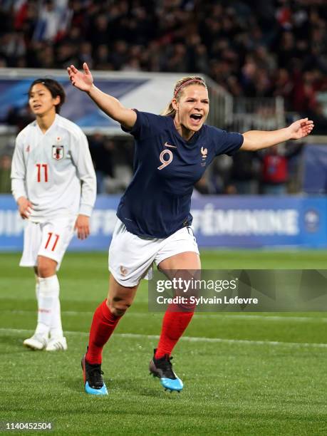 France's Eugenie Le Sommer celebrates after scoring goal against Japan during women friendly soccer match France vs Japan at Stade de...