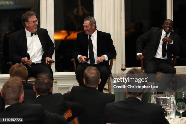 Derek Pringle, Graham Gooch and Gladstone Small are questioned by Alison Mitchell in the Q&A during the PCA Season Launch Dinner in the Long Room at...