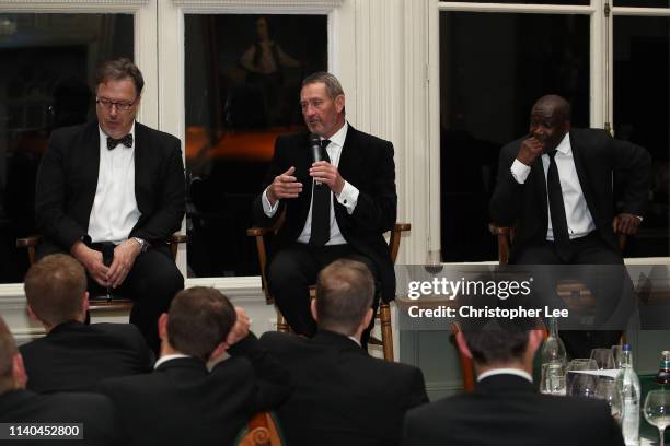 Derek Pringle, Graham Gooch and Gladstone Small are questioned by Alison Mitchell in the Q&A during the PCA Season Launch Dinner in the Long Room at...