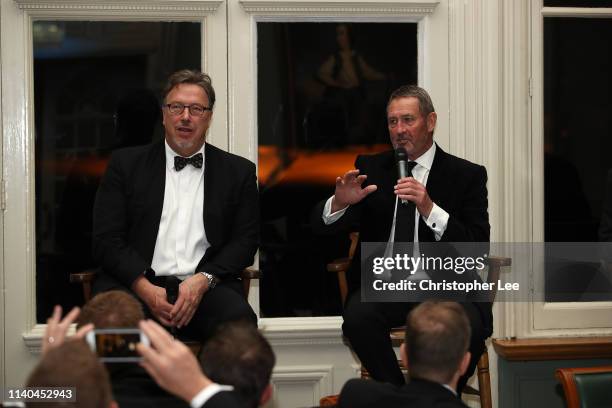 Derek Pringle and Graham Gooch are questioned by Alison Mitchell in the Q&A during the PCA Season Launch Dinner in the Long Room at Lord's Cricket...