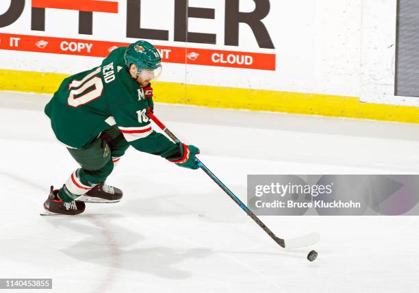 Matt Read of the Minnesota Wild skates with the puck during a game with the Nashville Predators at Xcel Energy Center on March 25, 2019 in St. Paul,...