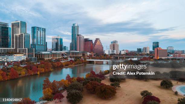 the aerial drone view of austin downtown, texas, usa - austin texas sunset stock pictures, royalty-free photos & images