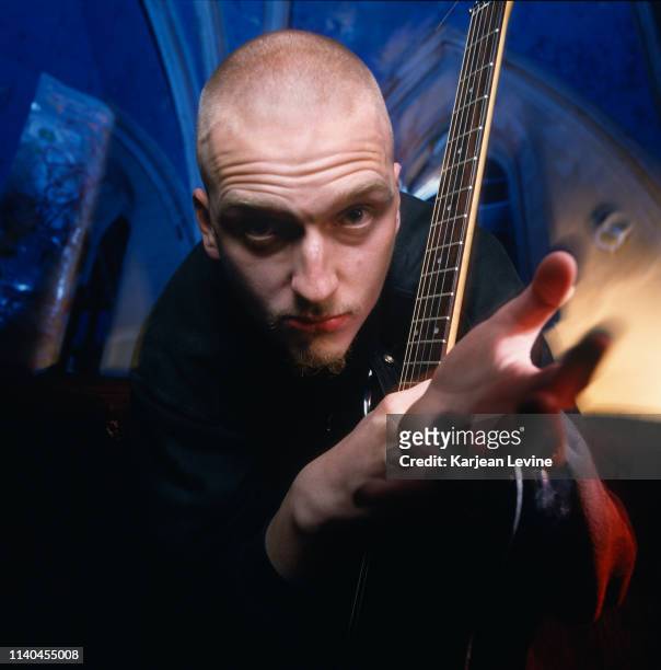 Justin Broadrick on the set of Godflesh's video production for “Crush My Soul” at the Angel Orensanz Foundation on October 28, 1994 in New York City,...