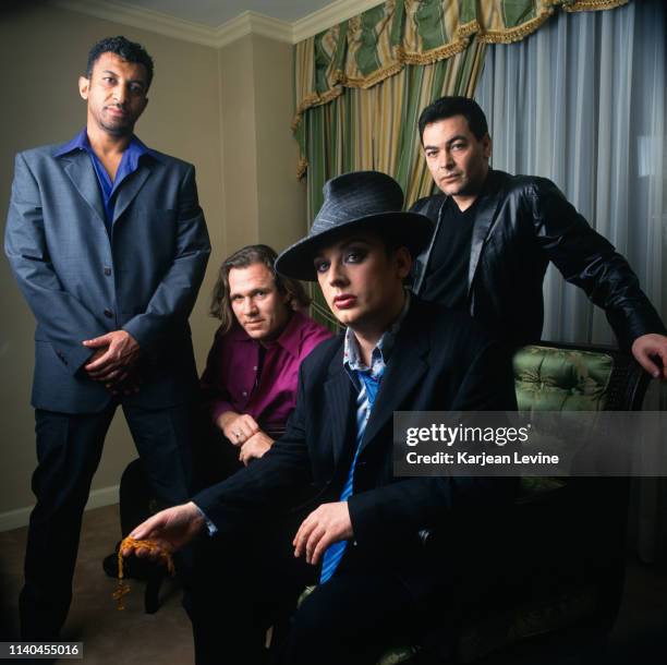 Boy George , Jon Moss , Roy Hay and Mikey Craig pose for a joint portrait to promote Culture Club’s reunion tour on April 29, 1998 in New York City,...