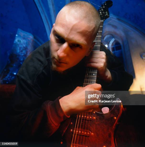 Justin Broadrick on the set of Godflesh's video production for “Crush My Soul” at the Angel Orensanz Foundation on October 28, 1994 in New York City,...