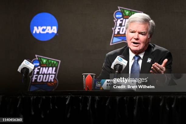 President of the National Collegiate Athletic Association Mark Emmert speaks to the media ahead of the Men's Final Four at U.S. Bank Stadium on April...