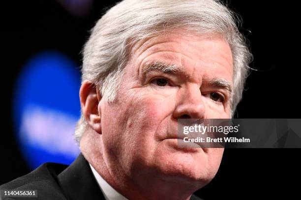 President of the National Collegiate Athletic Association Mark Emmert speaks to the media ahead of the Men's Final Four at U.S. Bank Stadium on April...