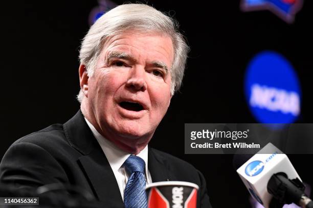 President of the National Collegiate Athletic Association Mark Emmert speaks to the media ahead of the Men's Final Four at U.S. Bank Stadium on April...
