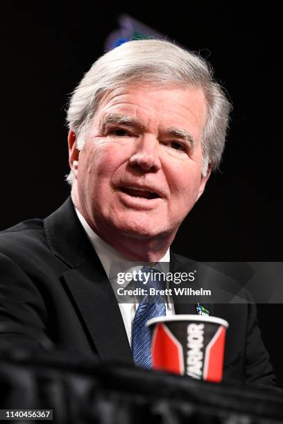 President of the National Collegiate Athletic Association Mark Emmert speaks to the media ahead of the Men's Final Four at U.S. Bank Stadium on April...