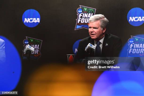 President of the National Collegiate Athletic Association Mark Emmert speaks to the media ahead of the Men's Final Four at U.S. Bank Stadium on April...