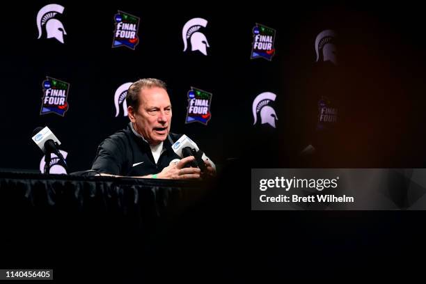 Head coach Tom Izzo of the Michigan State Spartans speaks to the media ahead of the Men's Final Four at U.S. Bank Stadium on April 04, 2019 in...