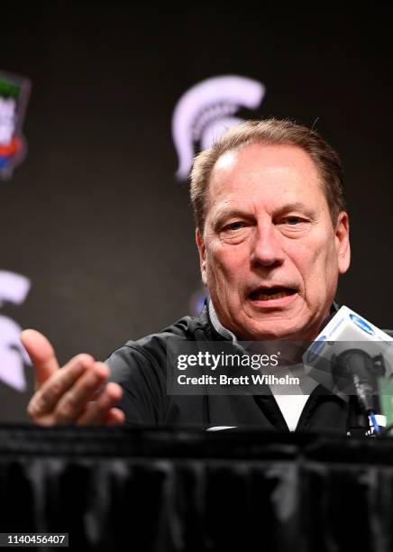 Head coach Tom Izzo of the Michigan State Spartans speaks to the media ahead of the Men's Final Four at U.S. Bank Stadium on April 04, 2019 in...